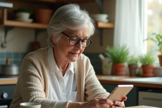 Femme senior utilisant une tablette pour passer une commande de courses en ligne Carrefour depuis sa cuisine