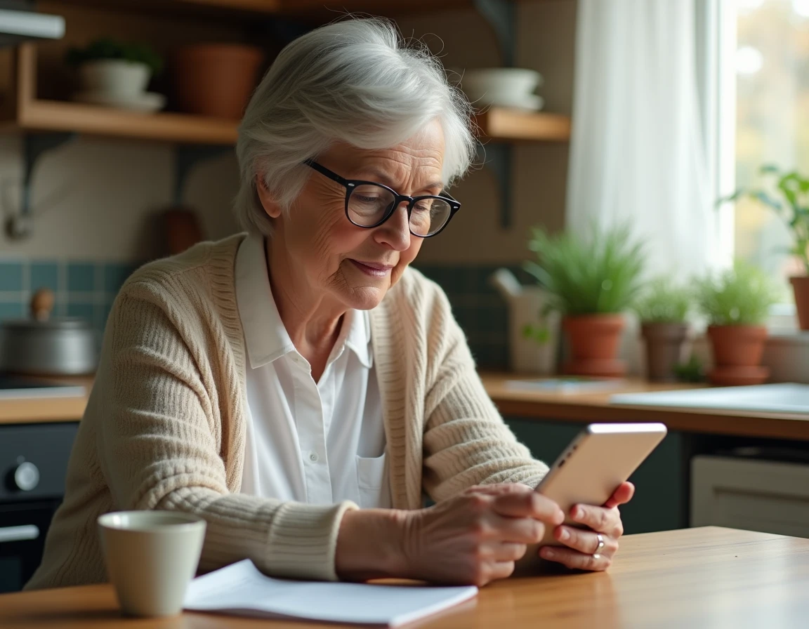 Femme senior utilisant une tablette pour passer une commande de courses en ligne Carrefour depuis sa cuisine