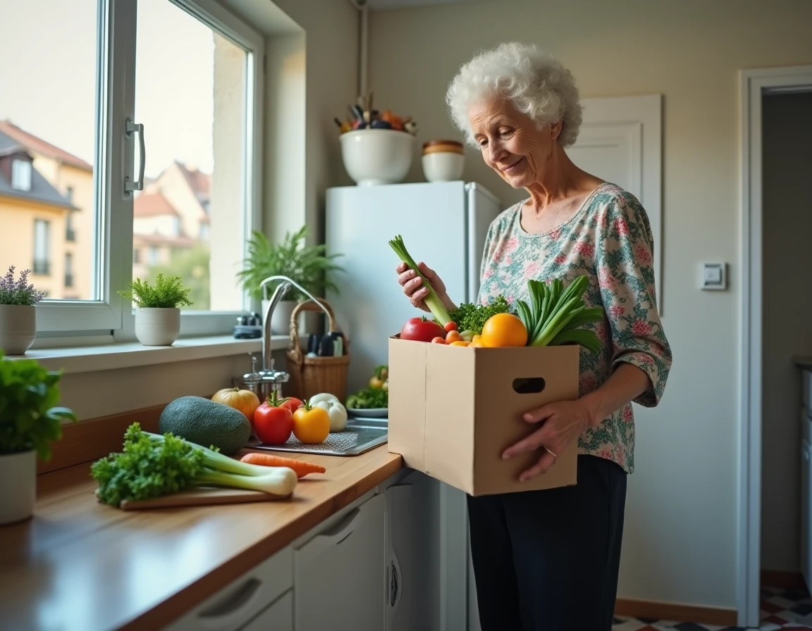 Femme âgée déballant sa commande de courses Carrefour livrée à domicile dans sa cuisine d'appartement