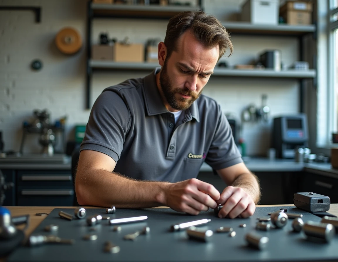 Serrurier professionnel organisant ses outils et cylindres de serrure dans un atelier spécialisé à Paris