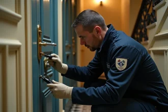 Serrurier professionnel intervenant de nuit devant une porte d'appartement parisien avec ses outils de crochetage