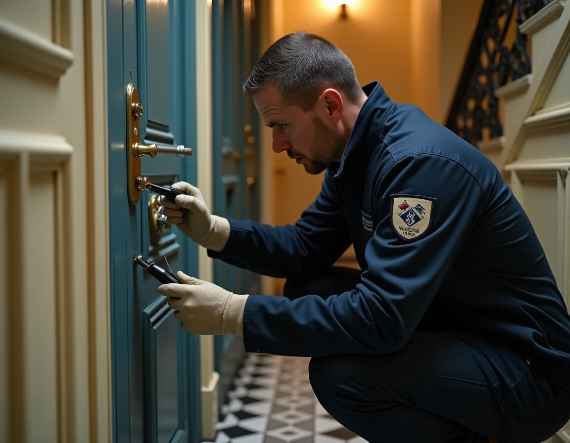 Serrurier professionnel intervenant de nuit devant une porte d'appartement parisien avec ses outils de crochetage