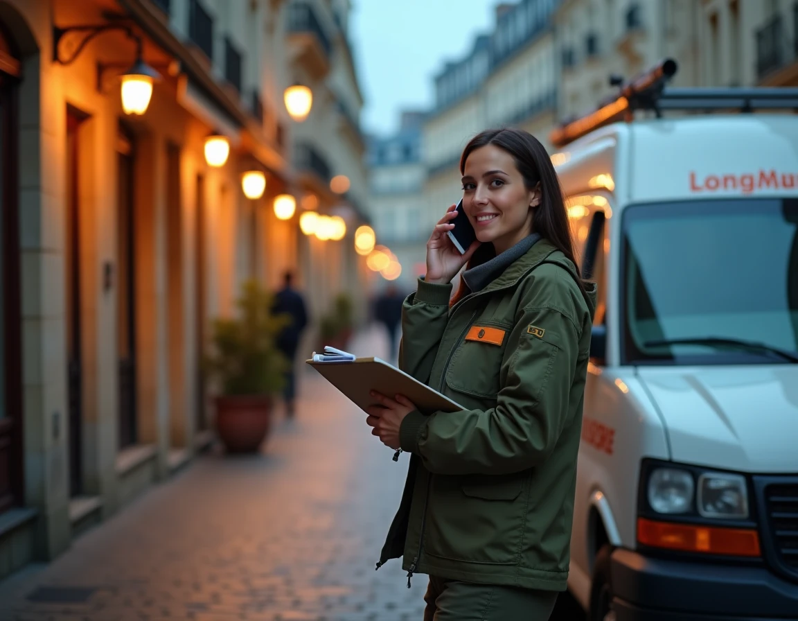 Serrurier femme en intervention d'urgence 24h/24 à Paris avec son véhicule de service dans une rue nocturne