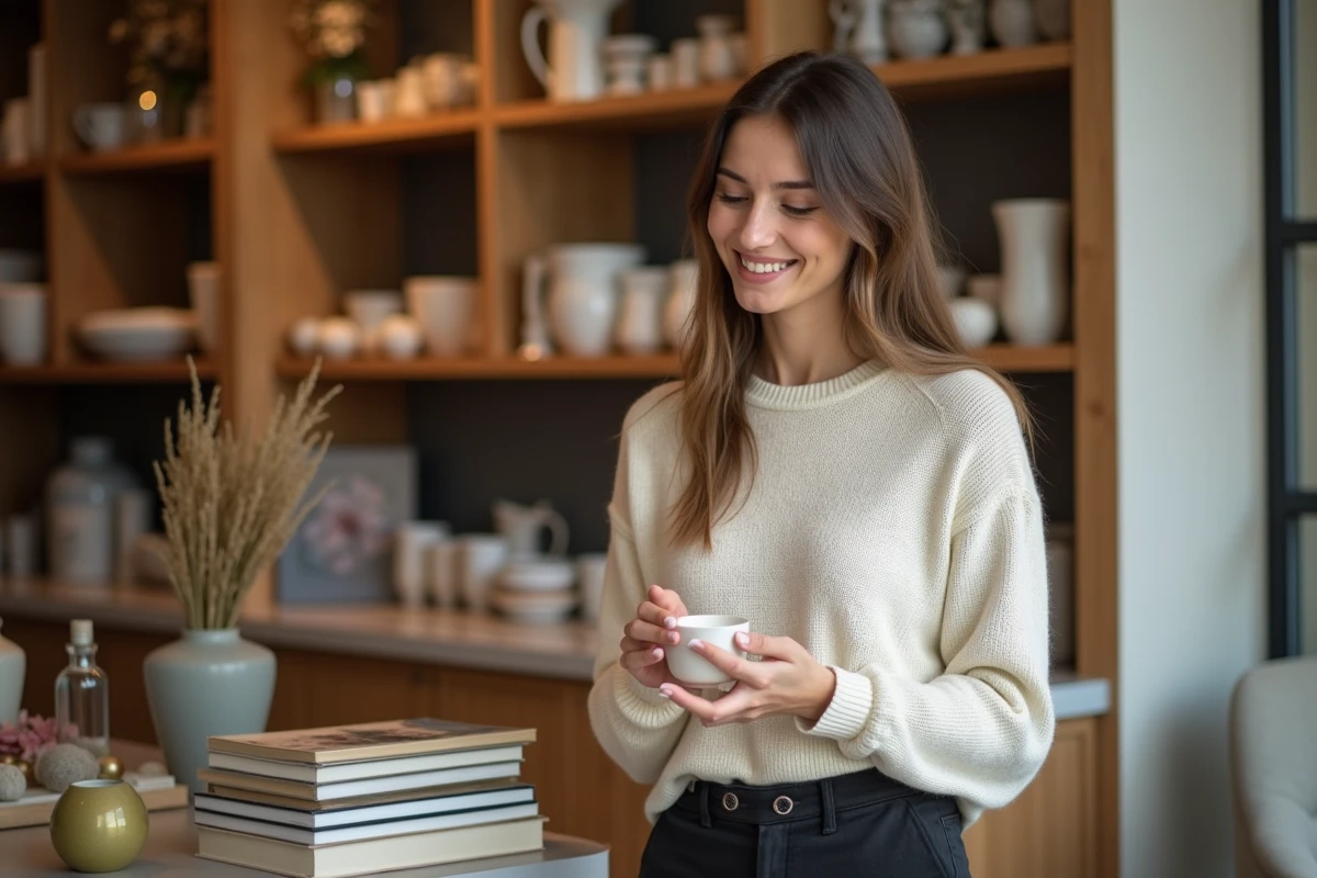 Femme parcourant les objets décoratifs d'une boutique parisienne tendance, tenant une pièce en céramique artisanale dans un cadre chaleureux