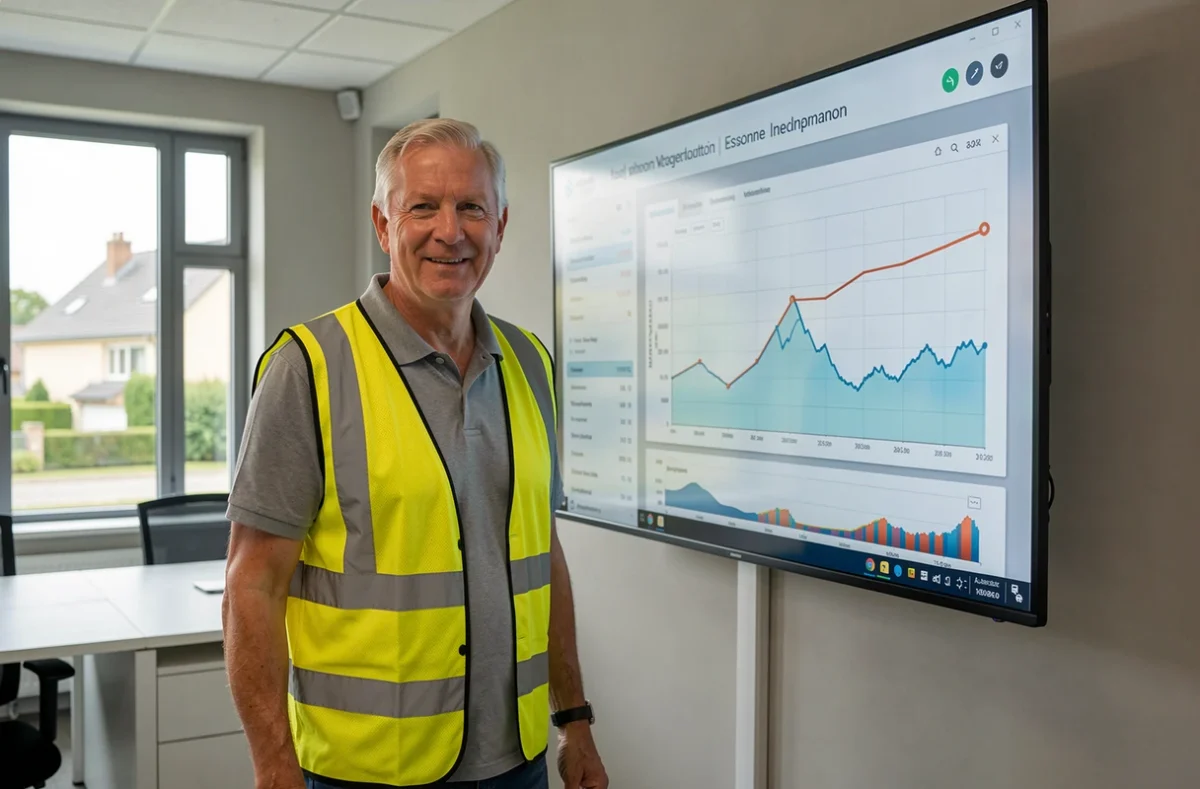 Chef de projet de SOFTICA supervisant un tableau de bord de production solaire dans un bureau en Essonne