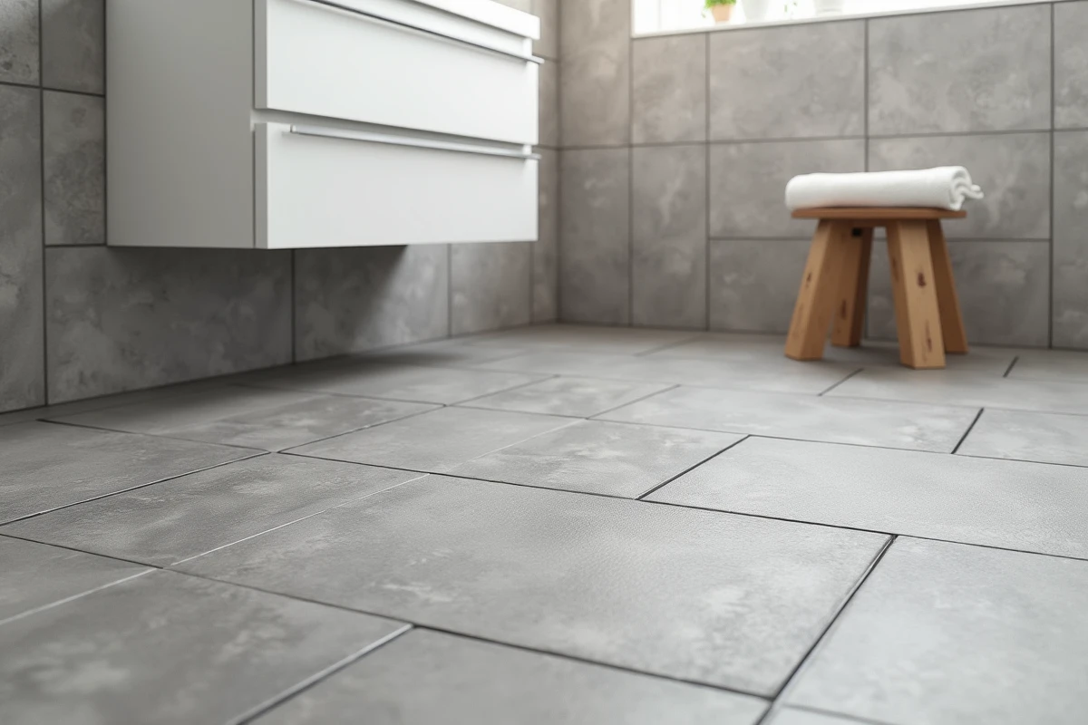 Sol PVC rouleau imitation carrelage pierre grise dans une salle de bain moderne avec meuble vasque blanc