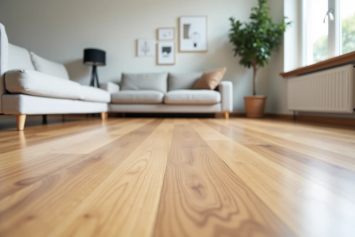 Sol PVC rouleau imitation bois chêne dans un salon scandinave moderne avec canapé en lin gris