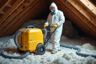 Professionnel utilisant une souffleuse à ouate de cellulose dans des combles perdus en bois