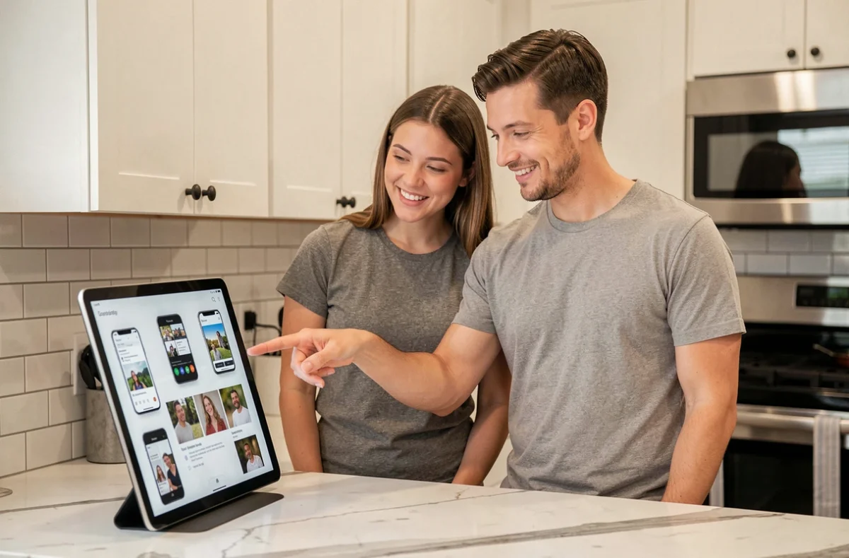 Couple regardant leurs photos de smartphone synchronisées sur un écran intelligent dans une cuisine moderne