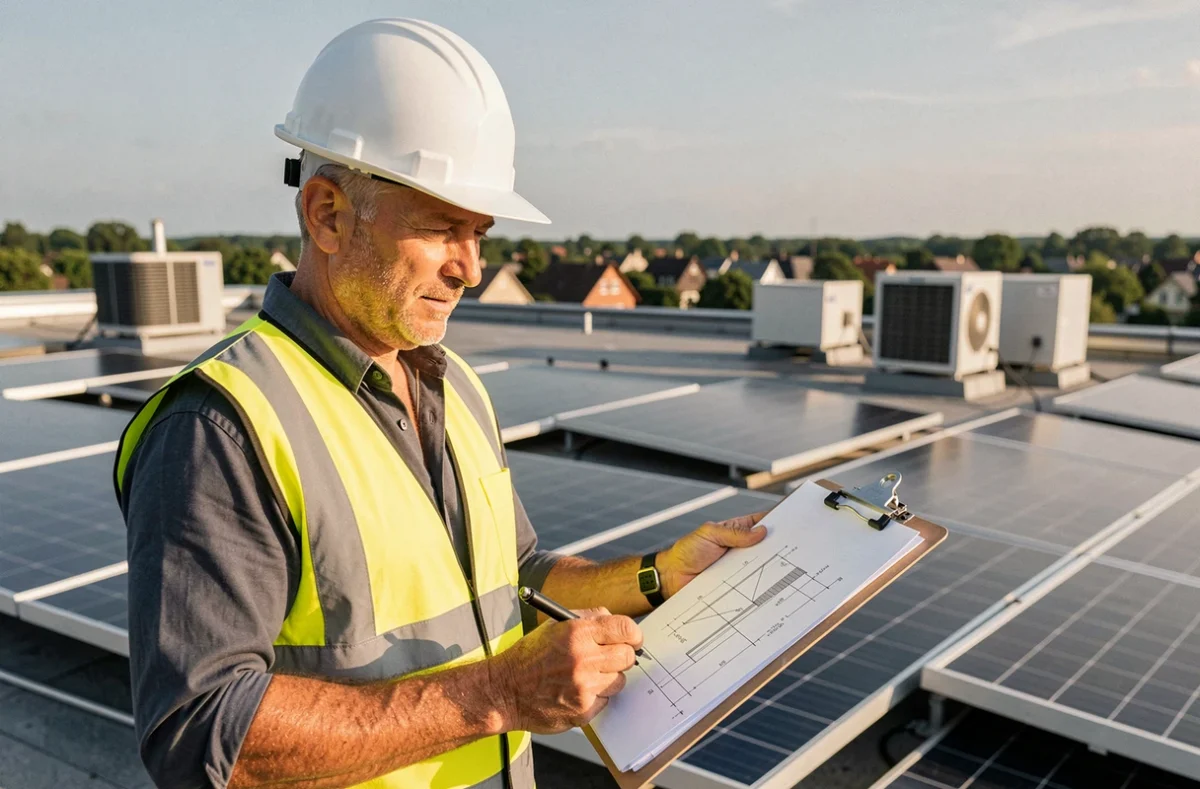 Consultant de SYS ENR examinant des plans techniques sur un toit commercial équipé de panneaux solaires en Essonne