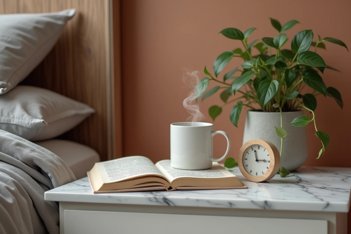 Détail de table de chevet en marbre dans une chambre parentale avec plante verte, livre et mug en céramique dans une ambiance cosy et moderne