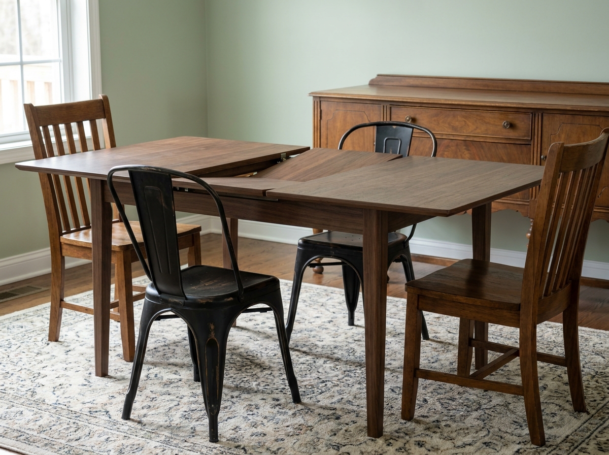 Table à manger extensible en noyer avec chaises mixtes dans une salle à manger décorée de vert sauge et d'un buffet vintage