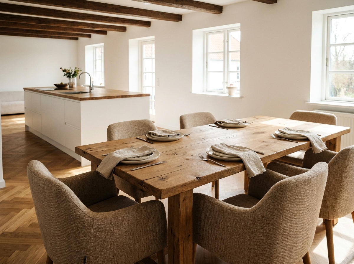 Grande table à manger familiale en chêne massif avec six chaises rembourrées dans une salle à manger ouverte aux tons chaleureux