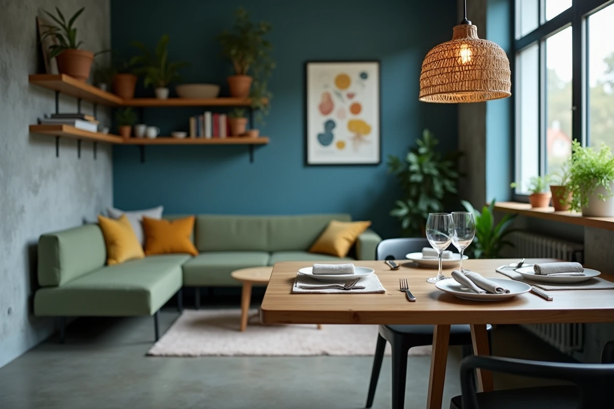 Table murale rabattable en guise de coin repas dans un studio décoré avec salon compact en arrière-plan