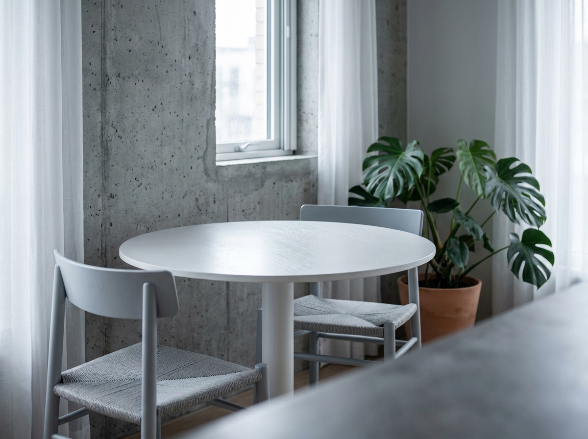 Table ronde compacte blanche dans un petit coin repas d'appartement urbain avec chaises scandinaves minimalistes