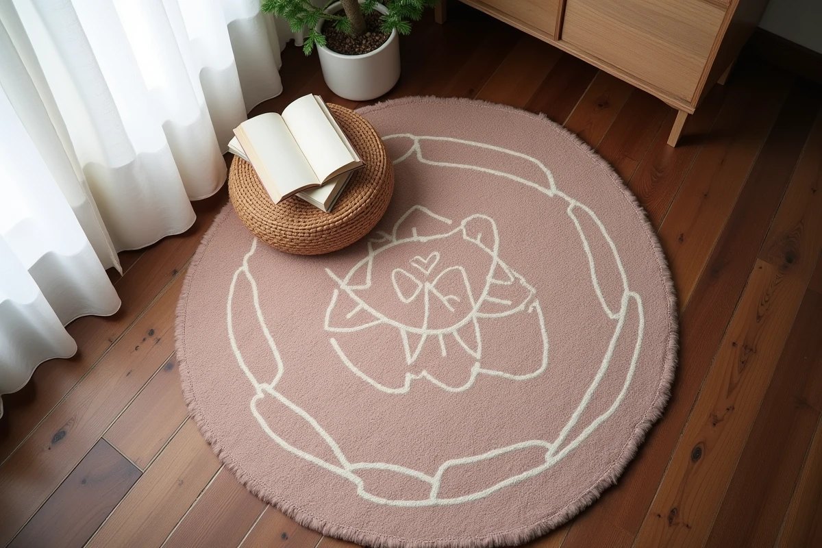 Vue du dessus d'un coin lecture japonisant avec un tapis en laine à motifs géométriques dans une chambre cosy