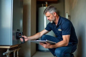 Technicien en évaluation énergétique inspectant la chaudière d'un logement avec une caméra thermique