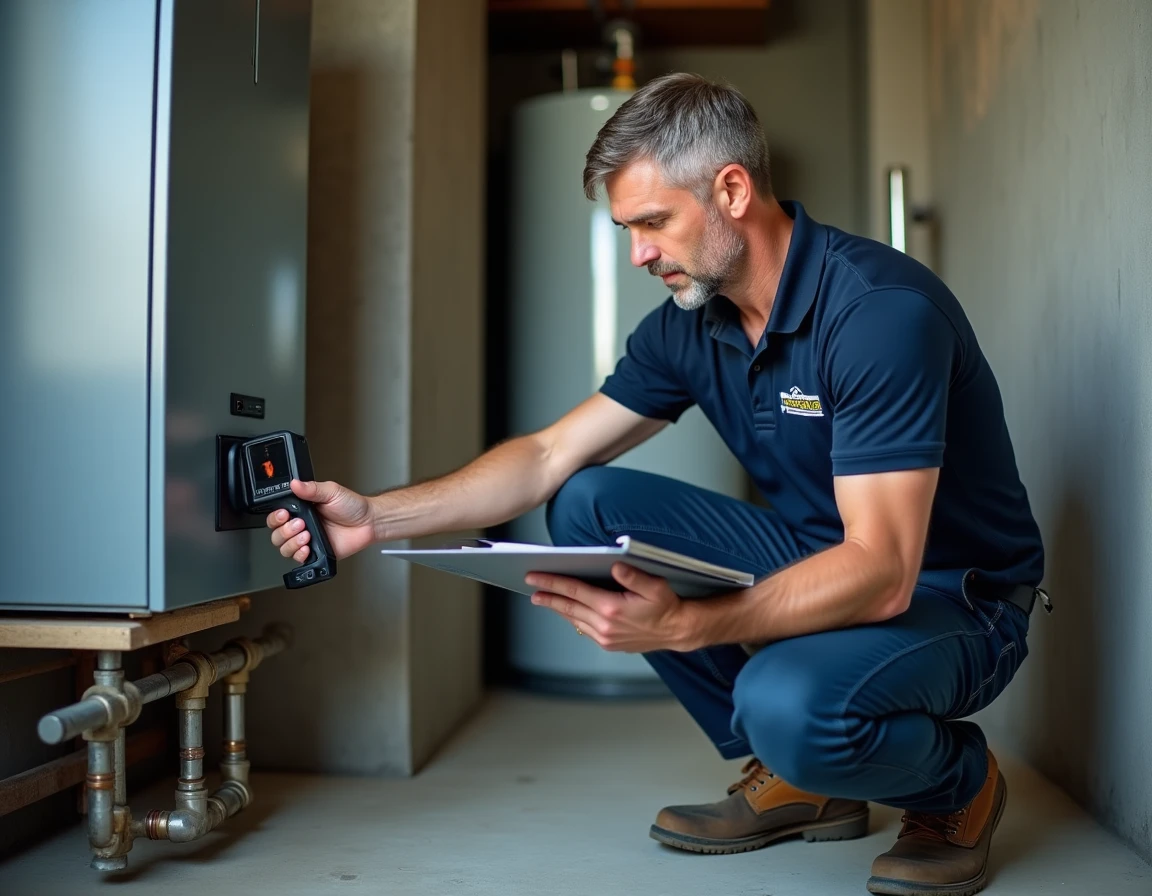 Technicien en évaluation énergétique inspectant la chaudière d'un logement avec une caméra thermique