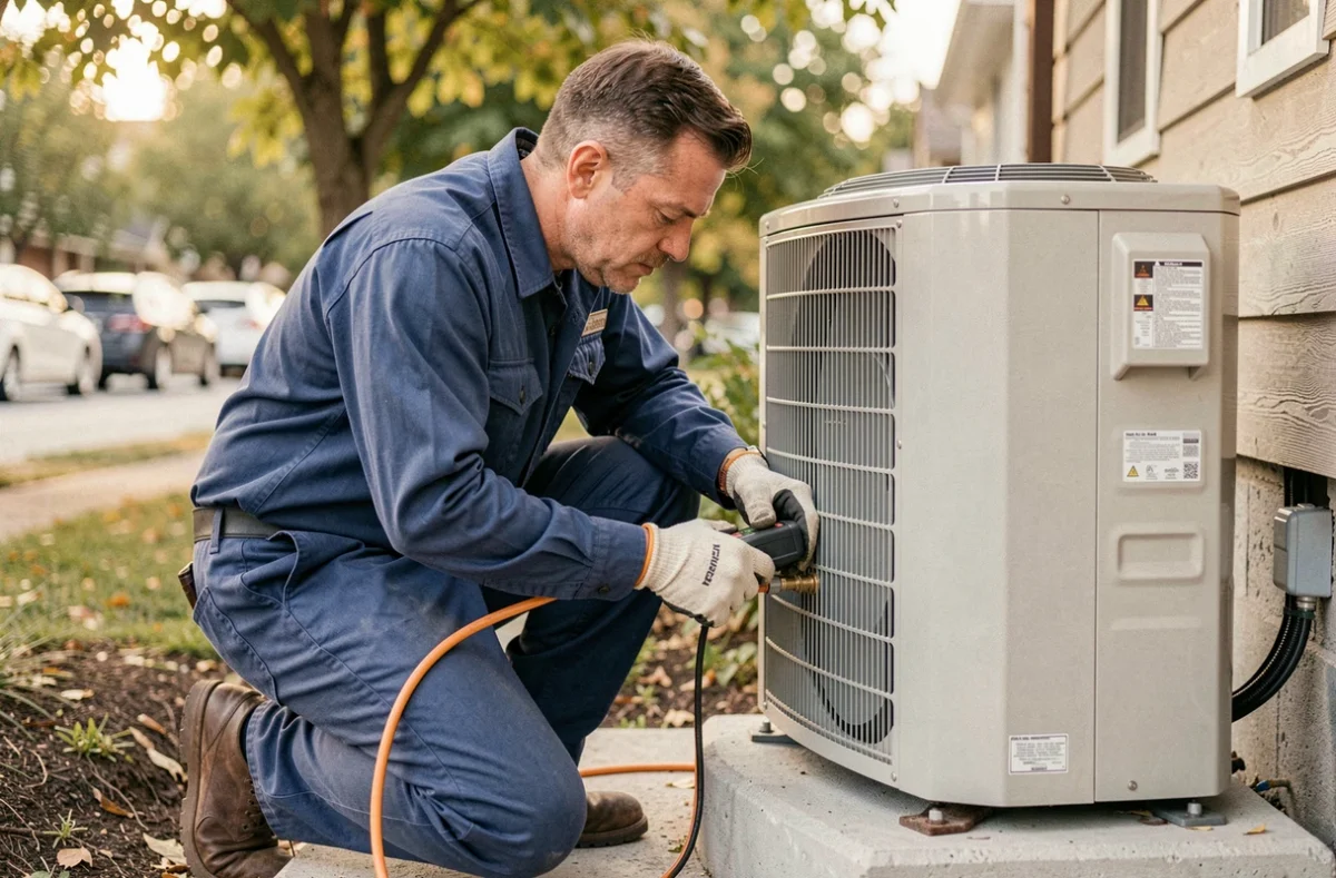 Technicien inspectant une pompe à chaleur air-eau installée sur dalle béton en milieu résidentiel