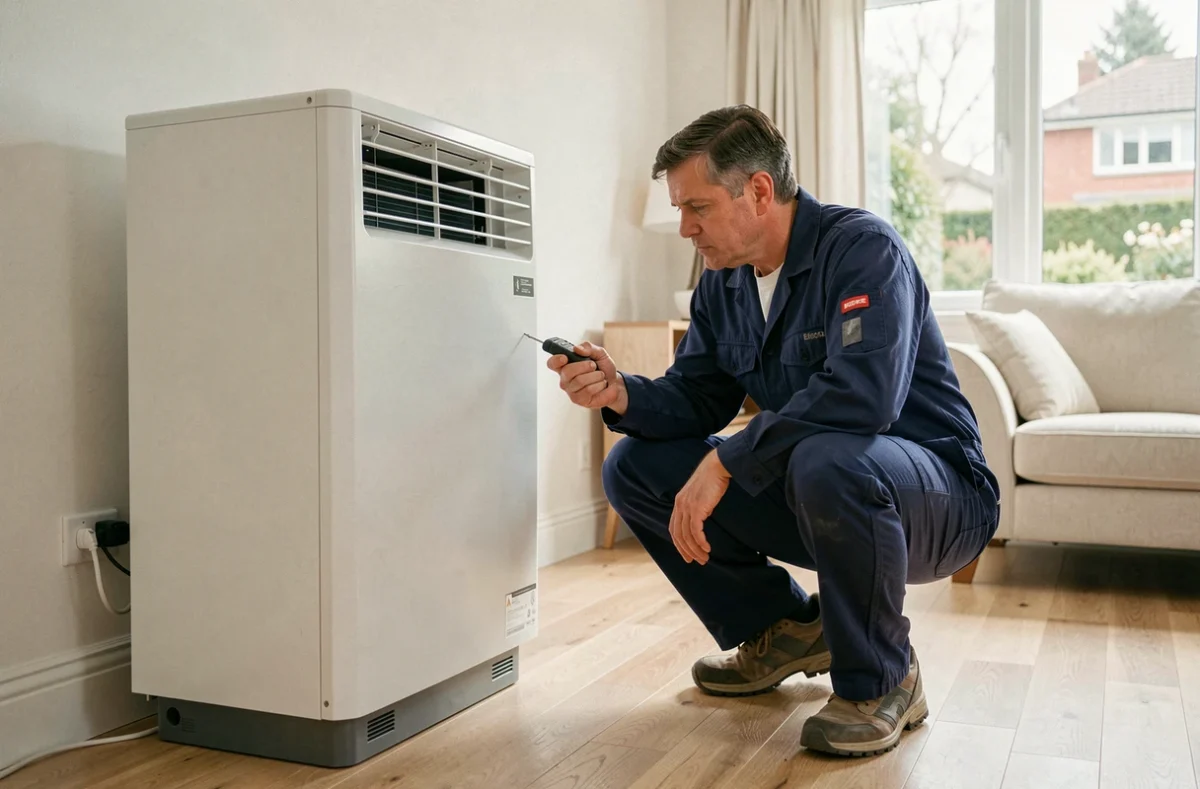 Technicien HVAC inspectant une pompe à chaleur intérieure installée dans un salon moderne