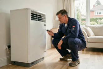Technicien HVAC inspectant une pompe à chaleur intérieure installée dans un salon moderne
