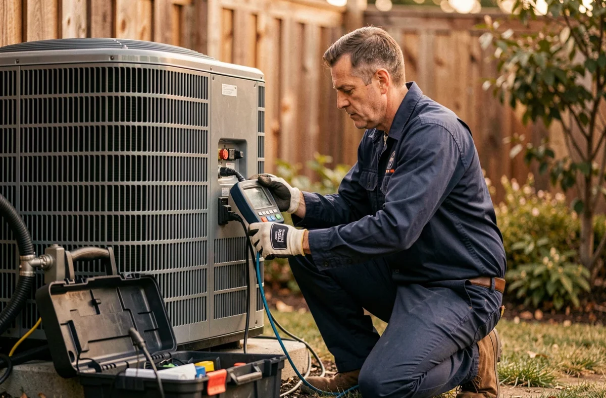 Technicien en train d'effectuer la maintenance d'une pompe à chaleur réversible dans un jardin