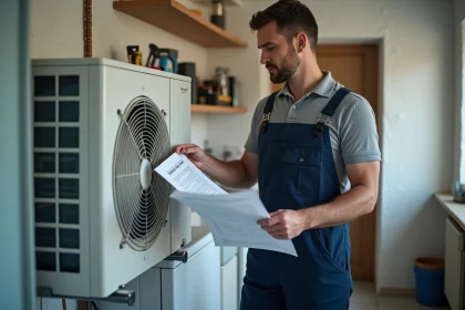 Technicien en overalls examine une pompe à chaleur moderne dans une pièce