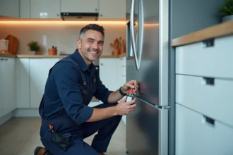Technicien en overalls vérifiant une fuite de gaz sur un frigo moderne