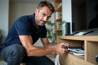 Technicien connectant un répartiteur de câble coaxial TV pour raccorder plusieurs téléviseurs dans un salon moderne