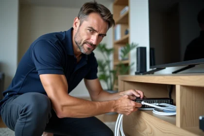 Technicien connectant un répartiteur de câble coaxial TV pour raccorder plusieurs téléviseurs dans un salon moderne