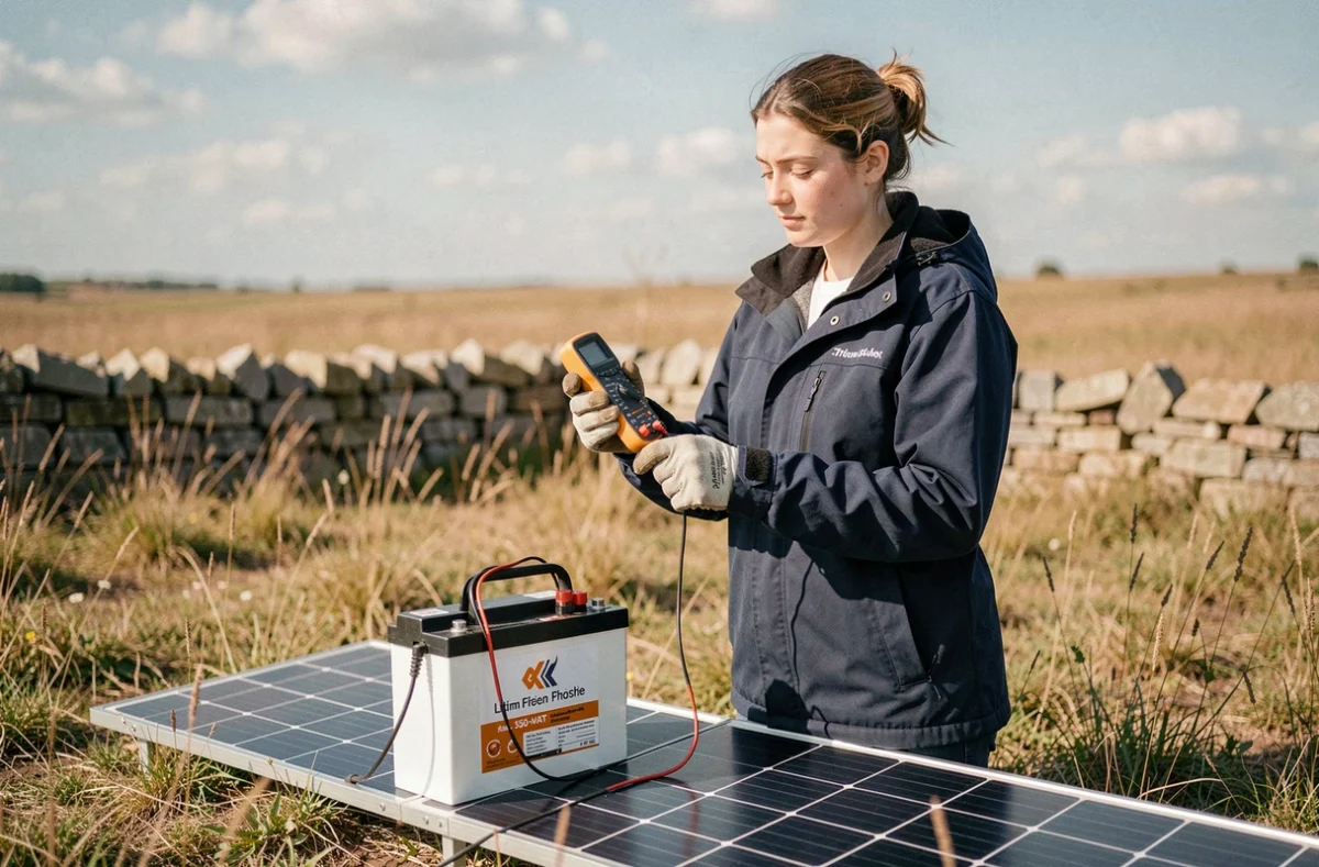 Femme technicienne mesurant la charge d'une batterie lithium reliée à un panneau solaire 250W en plein air
