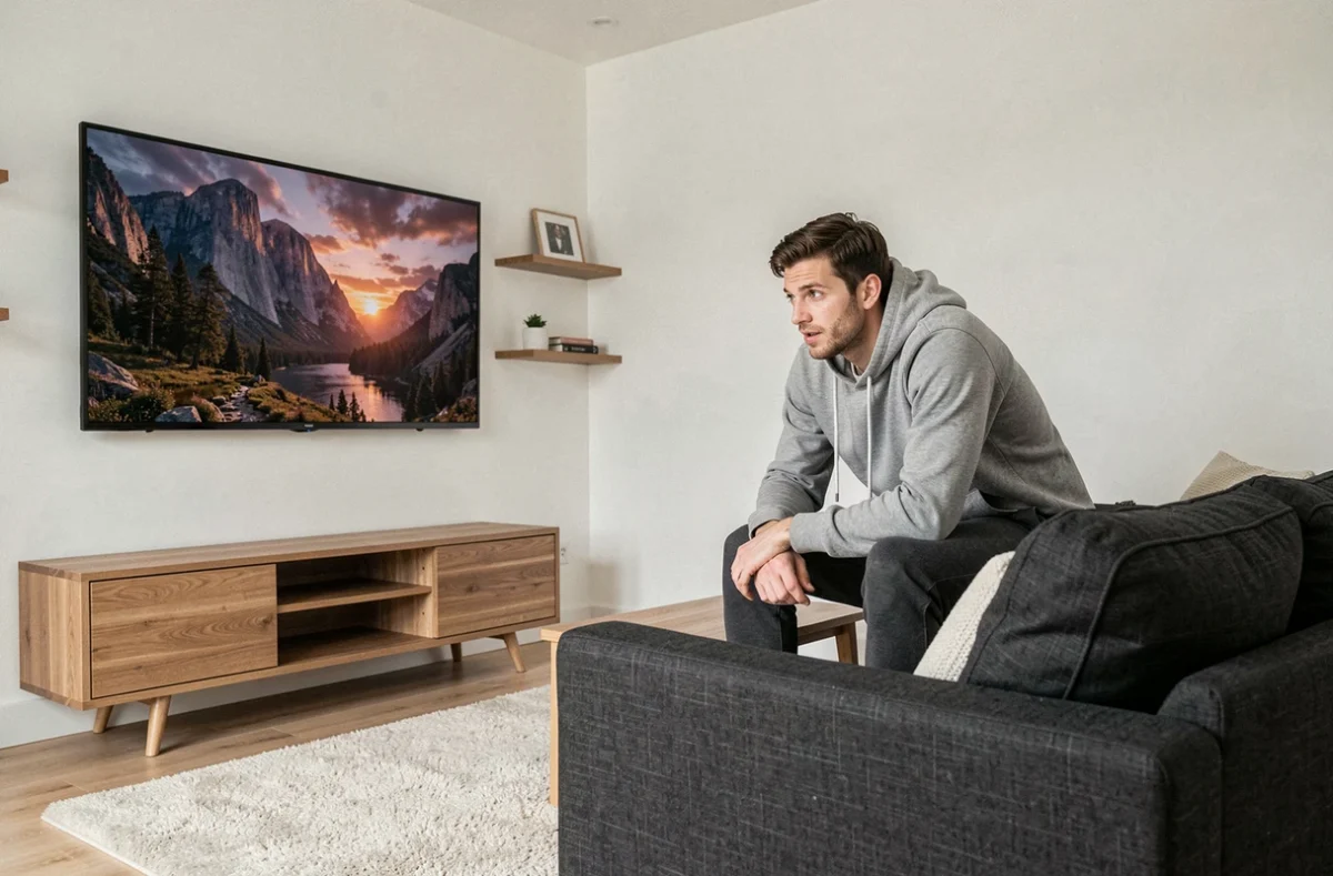 Homme regardant une télévision 50 pouces dans un salon moderne pour usage cinéma maison