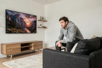 Homme regardant une télévision 50 pouces dans un salon moderne pour usage cinéma maison