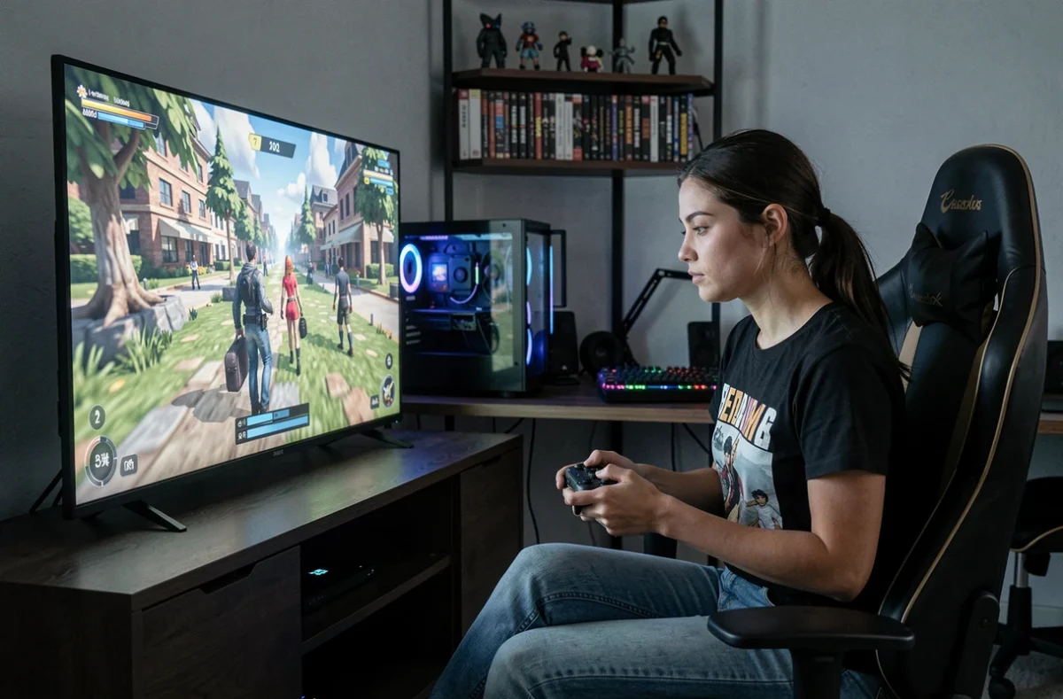 Joueuse utilisant une télévision 50 pouces pour le gaming dans une chambre dédiée