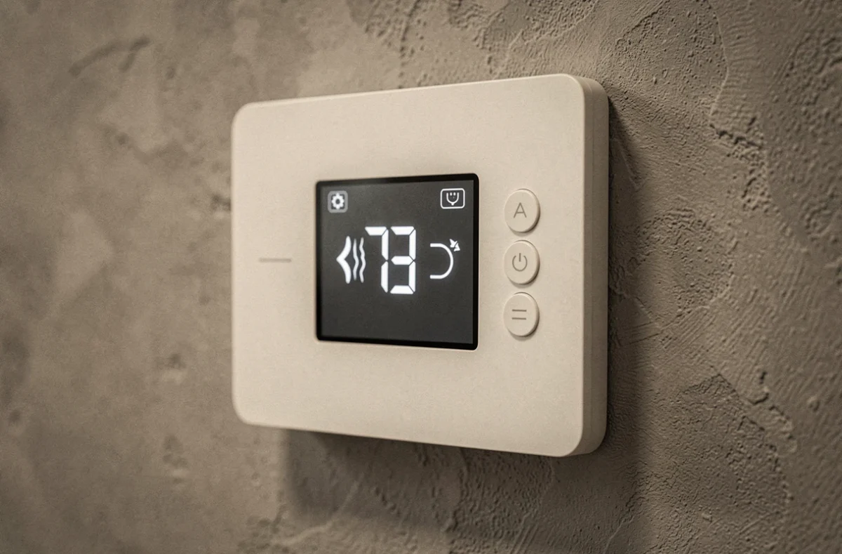 Thermostat numérique affichant les modes chauffage et climatisation d'une pompe à chaleur réversible