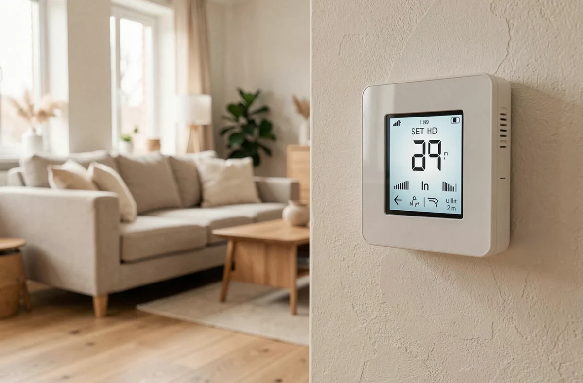 Thermostat de pompe à chaleur air-eau dans le salon d'une maison de 150 m2 avec plancher chauffant