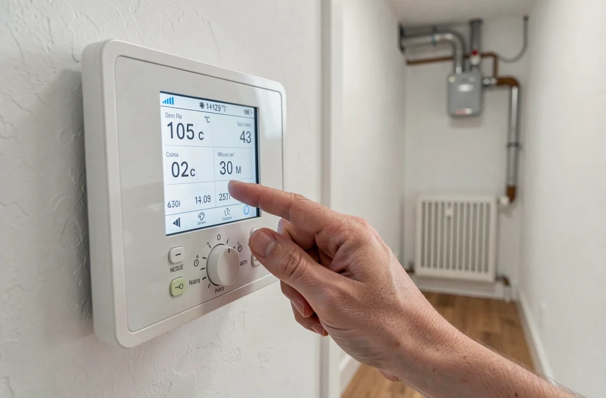 Main réglant le thermostat connecté d'un système de pompe à chaleur dans un couloir de maison