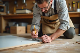 Artisan traçant un angle précis sur une plinthe en MDF avec une équerre et un crayon de charpentier dans un atelier de menuiserie