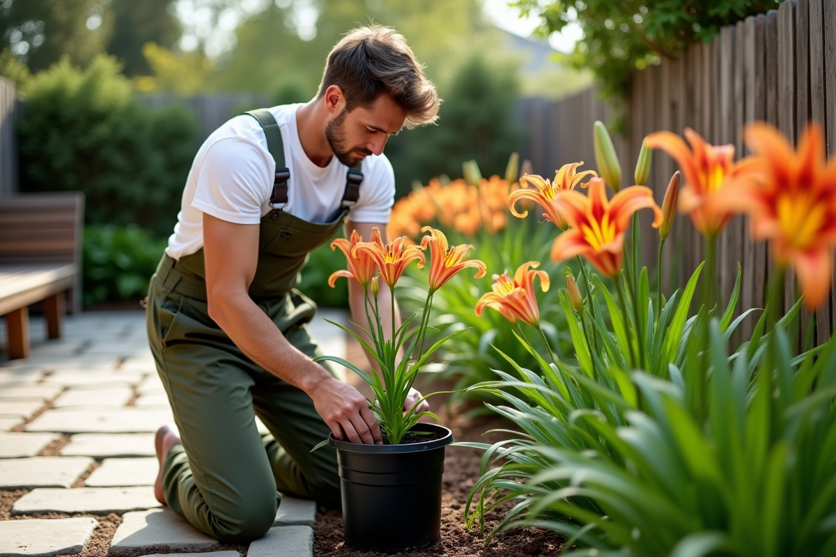 Jeune homme transplantant un lys tigre dans le jardin