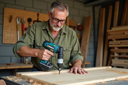 Homme bricoleur utilisant une visseuse sans fil pour monter une étagère en bois dans un atelier garage