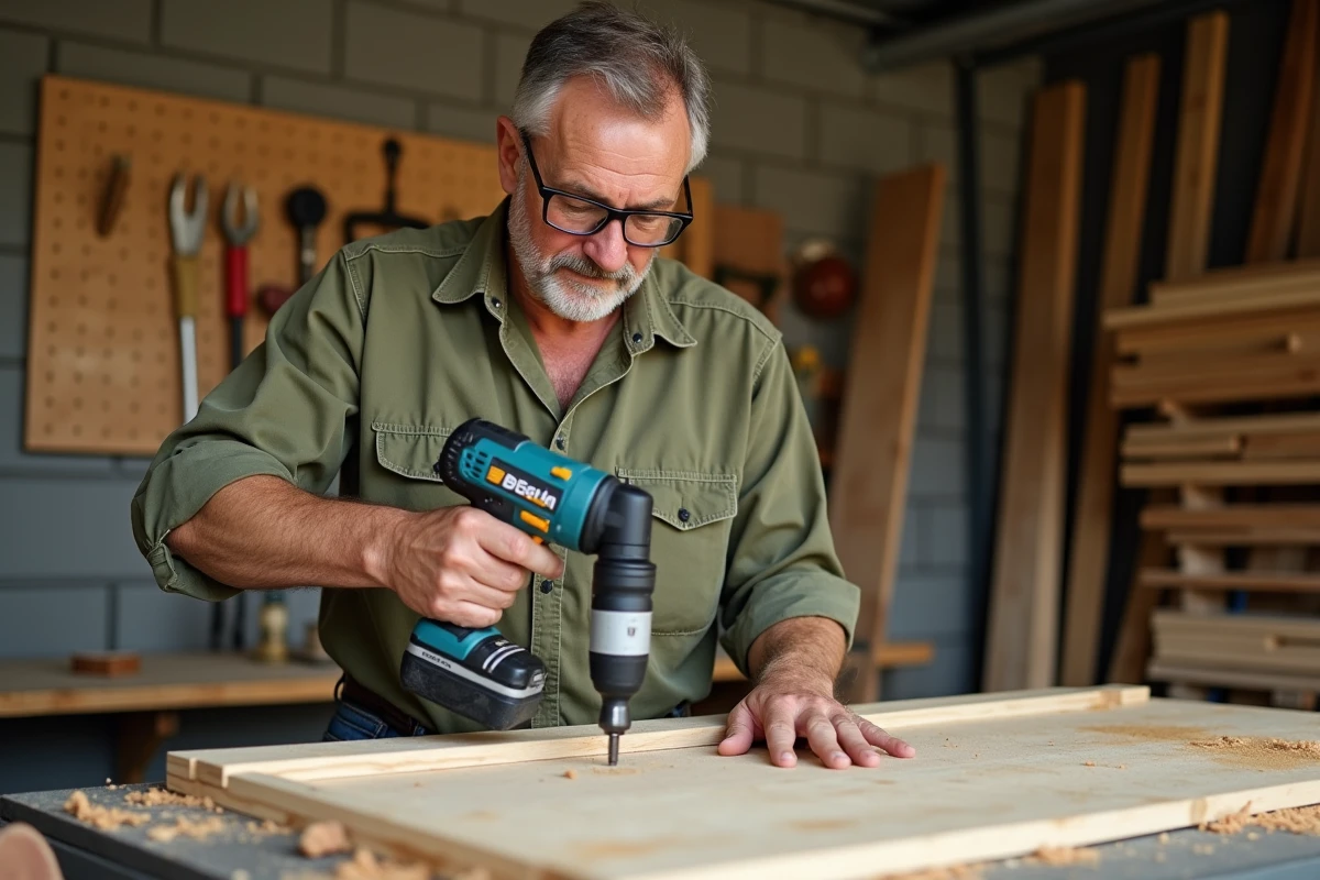 Homme bricoleur utilisant une visseuse sans fil pour monter une étagère en bois dans un atelier garage