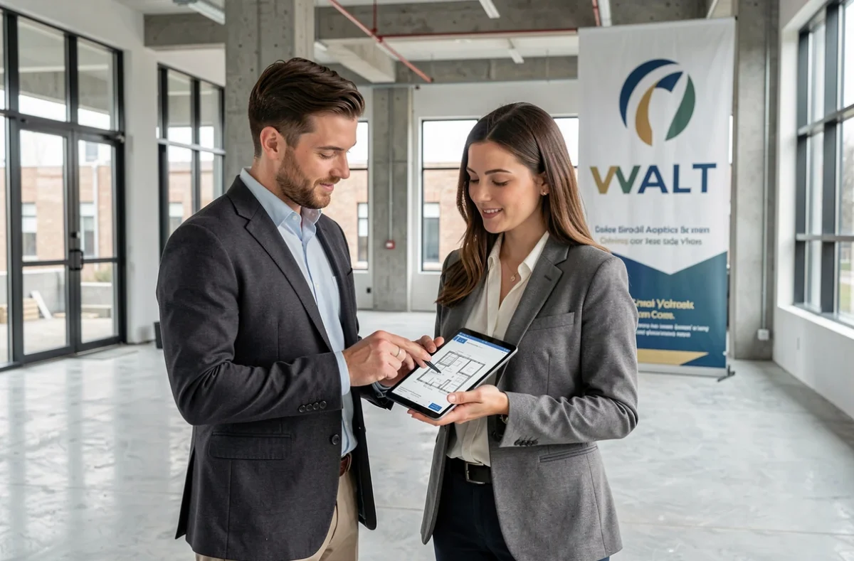 Architectes de l'agence WALT sur un chantier de rénovation moderne avec plans numériques