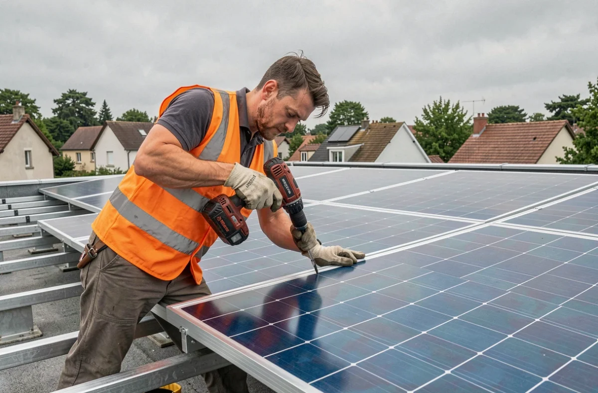 Technicien de Yomatec fixant un système de montage pour panneaux solaires sur un toit résidentiel en Essonne
